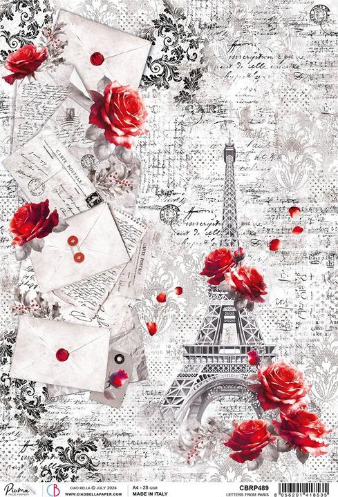 Image du produit Ciao Bella Soie de paille à motif "Paris Je t'aime - Letters from Paris", DIN A4 (28 g/m², 1 x)