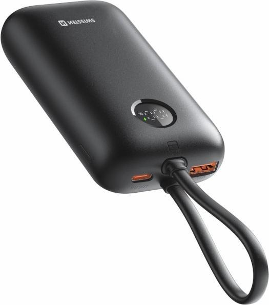 Actual product image Swissten Power Bank Voltbox 35w 10000 Mah with Built-In Cables USB-C and Lightning Black (10000 mAh, 35 W, 35 Wh)