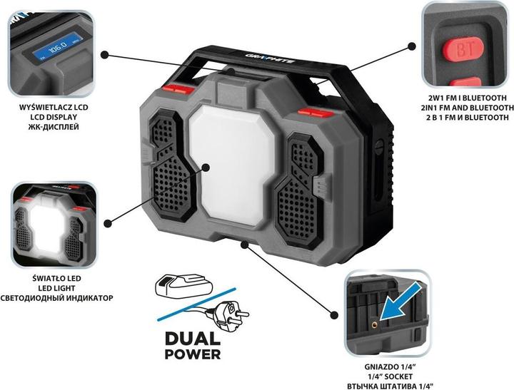 Actual product image Graphite Energy 18V Battery Network Radio, Li-lon, without battery