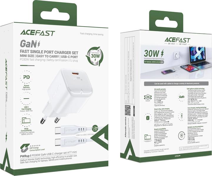 Actual product image Acefast A77 Mini PD 30W GaN wall charger + USB-C cable - white (30 W)