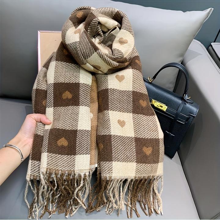 Produktbild Only-Bags.Store Double-Sided Heart Pattern Scarf, Winter Plaid Warm Neck Wrap, Cozy Shawl For Autumn & Winter