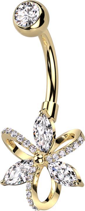 Star Piercing Banane vergoldet mit Kugel Kristall silber und Blütenblätter Kristalle silber in Masche (Messing, Chirurgenstahl 316L)
