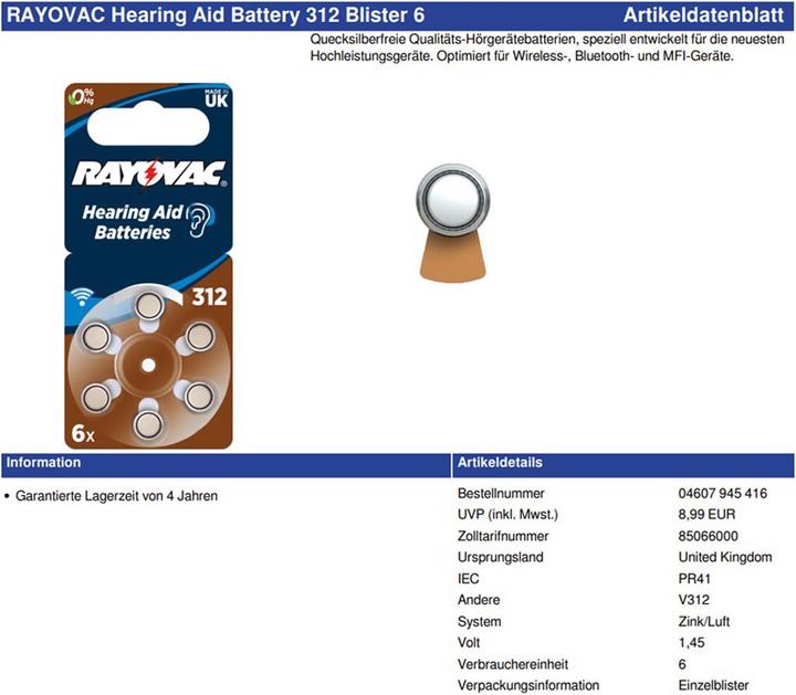 Immagine prodotto Rayovac 60 pezzi Batteria per apparecchi acustici Varta HA312, PR41, 4607, 5000252003205 (60 pz., 180 mAh)