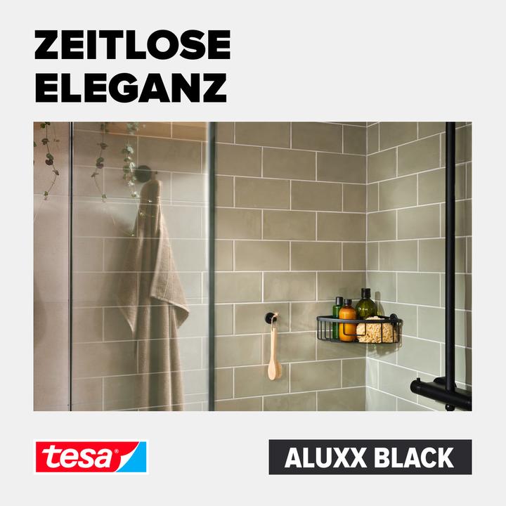Produktbild tesa ALUXX BLACK Eck-Duschkorb inkl. Klebelösung ohne Bohren (17.5 x 17.5 x 34.5 cm)