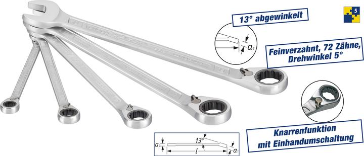 Immagine prodotto HAZET Serie di chiavi combinate a forchetta/ad anello con cricchetto 606/5 ∙ Profilo trazione doppi… (8 mm, 10 mm, 13 mm, 17 mm, 19 mm)
