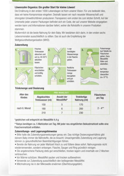 Nährwerte und Zutaten Löwenzahn Organics Bio Folgemilch 6+ (500 g, ab 6 Monaten)