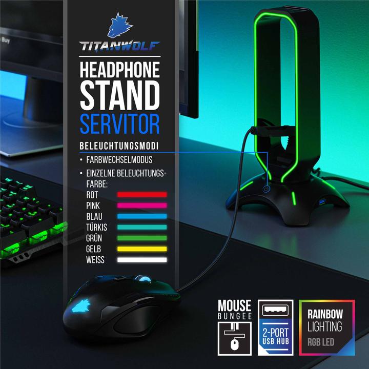 Produktbild Titanwolf Kopfhörerständer RGB LED mit USB Hub