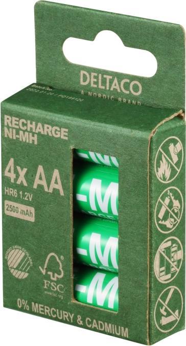 Image du produit Deltaco Piles rechargeables AA AA 2500mAh, marquées de l'éco-label "Nordic Swan", 4 pcs. paquet (4 pcs, AA, 2500 mAh)