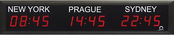 Image du produit Bürk Horloge internationale à diodes LED, 3 fuseaux horaires, agencement horizontal.