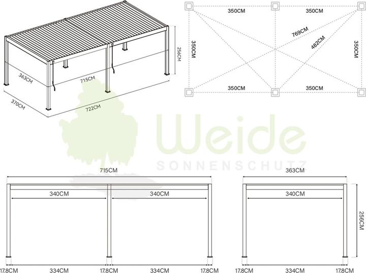 Produktbild Weide elektrische Pergola 3.6x7.2m Anthrazit mit LED (720 cm, 360 cm)