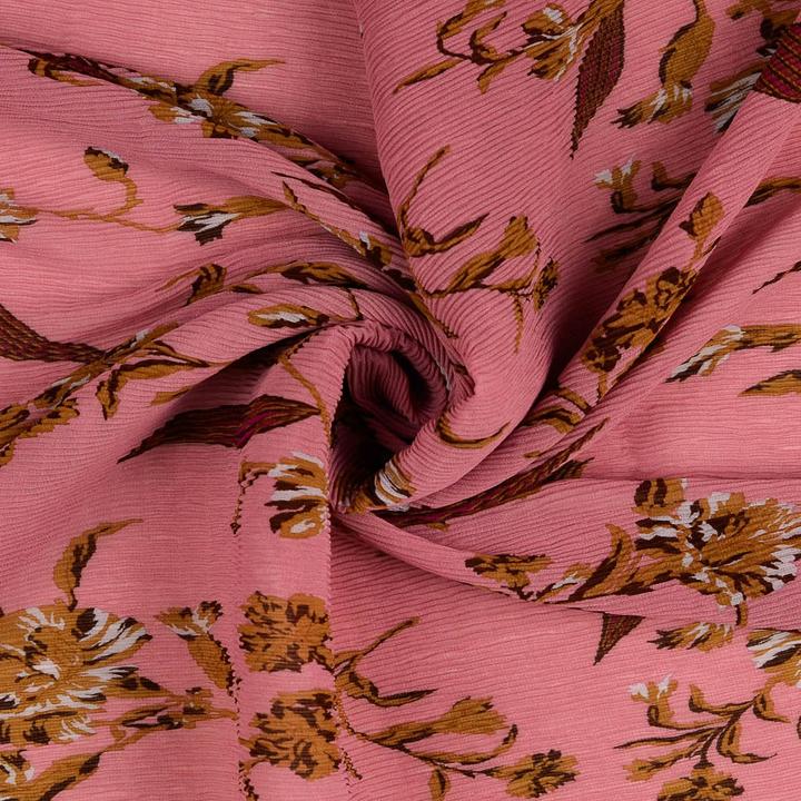 Actual product image Stoffrestposten Pleated Chiffon - Beautiful Flowers on Olive - Minimum selling quantity: 1 Meter