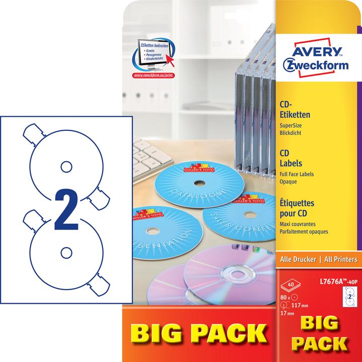 Productafbeelding Avery -Zweckform Zweckform L7676A-40P CD-etiketten, Ø 117 mm, 40 vellen/80 etiketten, wit