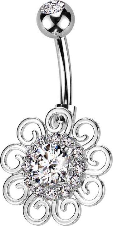 Image du produit Star Piercing Banane argentée avec boule argentée cristal argenté et cristaux fleur argentés (Laiton, Acier chirurgical 316L)