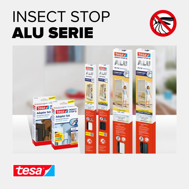 Produktbild tesa Insektenschutz Alu COMFORT für Fenster, mit Rahmen aus Aluminium, ohne Bohren (100 x 120 cm)