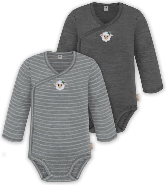 Normani 2er Set Unisex Baby Wickelbody Langarm-Strampler Einteiler aus Merinowolle - 9351