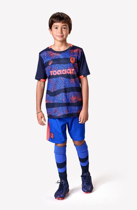 Produktbild Kipsta Kinder Fussball Trikot kurzarm - VIRALTO Kids Roarrr Rhino Streifen blau/violett (5, 6)