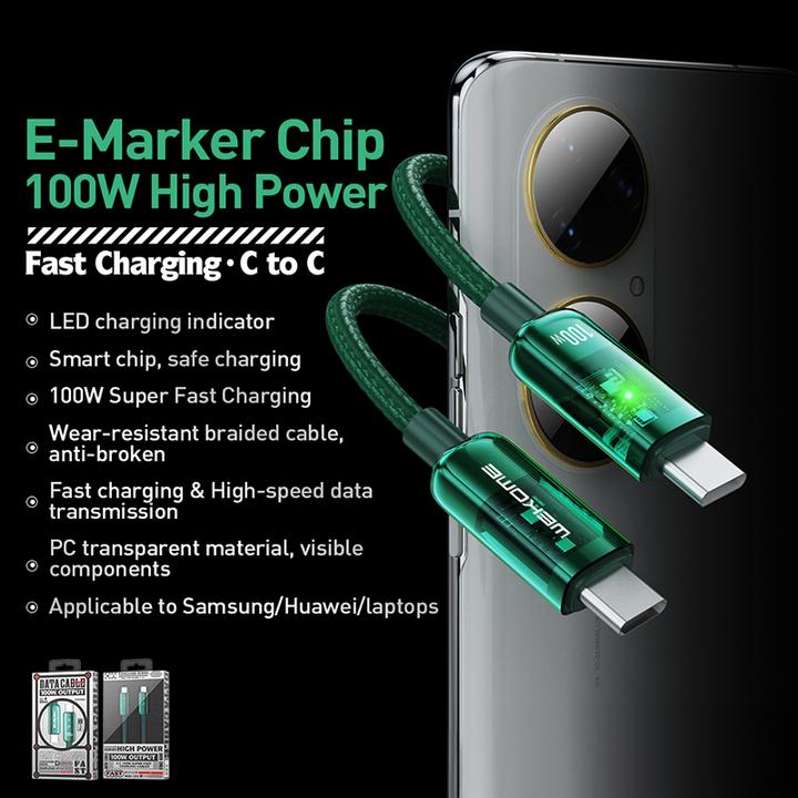 Image du produit Wekome WDC-193 Série Vanguard - Câble de connexion USB-C à USB-C super rapide 100 W 1 m (Vert) (1 m, 100 W)