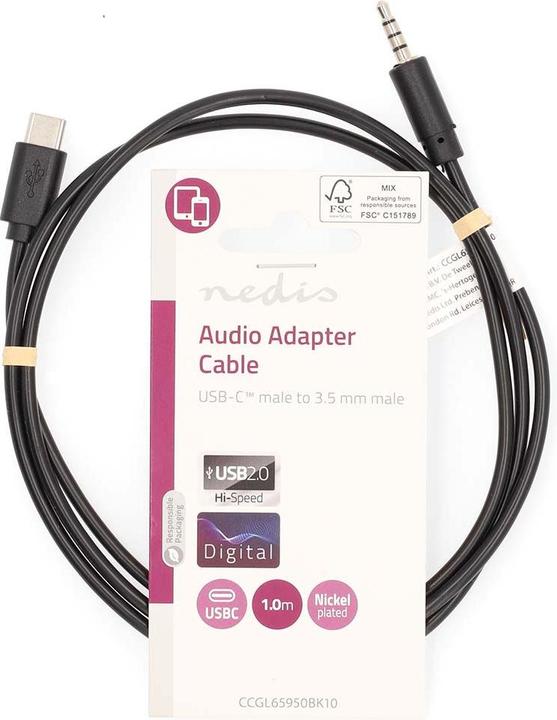 Produktbild Nedis USB-C™ Adapter | USB 2.0 | USB-C™ Stecker | 3.5 mm Stecker | 1.00 m | Rund | Vernickelt | Schw (1 m, USB)