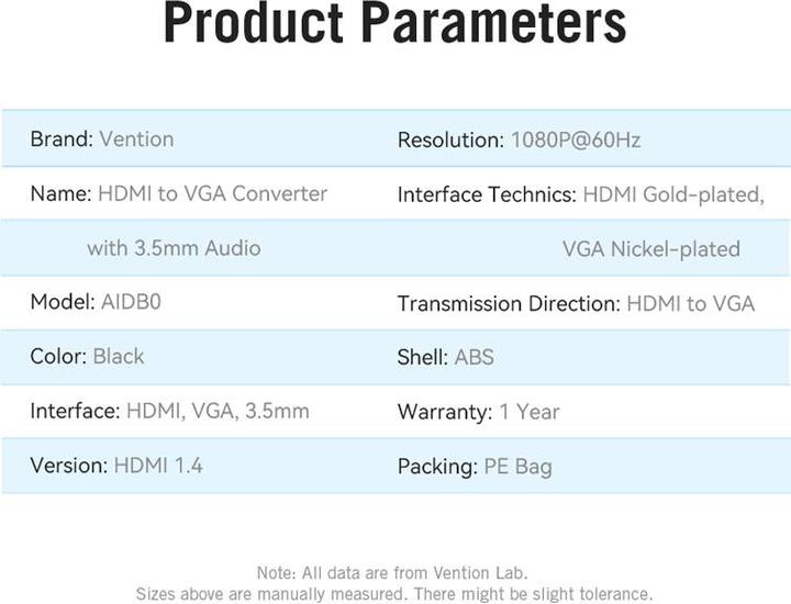 Nährwerte und Zutaten Vention HDMI to VGA Adapter AIDB0 with 3.5mm Audio (Audio, HDMI, 14 cm)