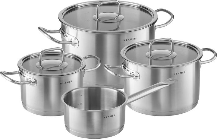 Produktbild KLAMER Topf-Set 4-tlig. mit Glasdeckel, Induktion, unbeschichtetes Edelstahl Profi-Kochtopfset (23.15 cm, Kochtopf, Edelstahl)