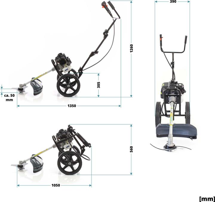 Produktbild Wiltec 2in1 Benzin Motorsense 1,9kW Räder Freischneider Rasentrimmer Gartengerät (Metallschneideblatt, Trimmfaden)