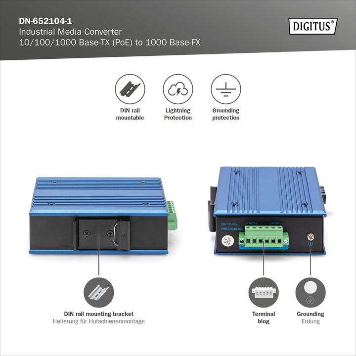 Actual product image Digitus 10/100/1000Base-TX (PoE) to 1000Base-FX Industrial Media Converter (2 Ports)