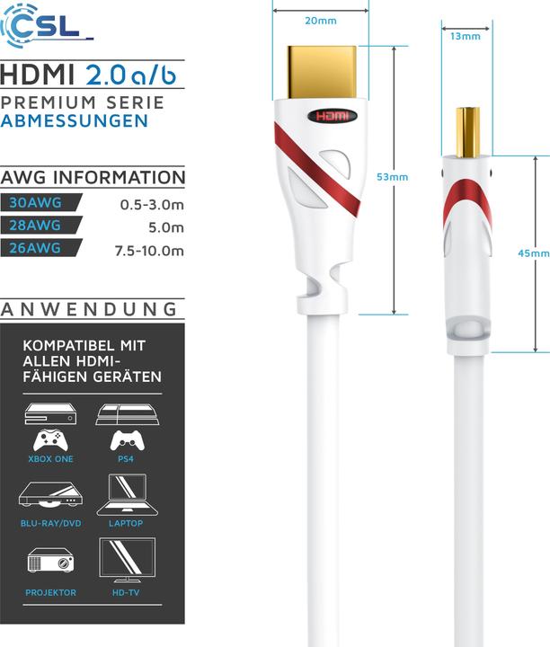 Actual product image CSL HDMI cable 2.0b - 4k Ultra HD 2160p - 3D Ready - High Speed - 3 x shielded - HDMI 2.0b 2.0a 2.0 (1 m, HDMI)