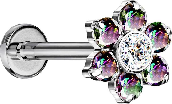 Produktbild Star Piercing Micro Threadless Labret silber Blume Kristalle dunkel multicolor (ohne Messing, Titan G23)