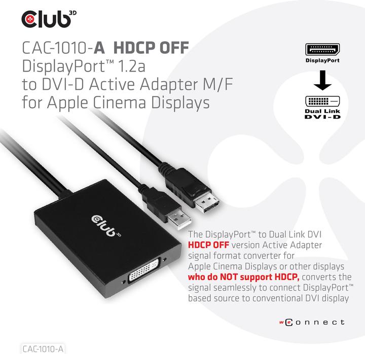 Immagine prodotto Club 3D Da DisplayPort a DVI-D Dual Link HDCP OFF (DVI, 60 cm)