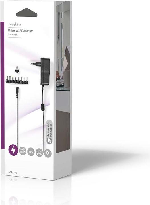 Image du produit Nedis Adaptateur secteur universel 7.5 W 3-12 V DC 1.10 m 2.0 A 8 Plug(s) Black (18 W)