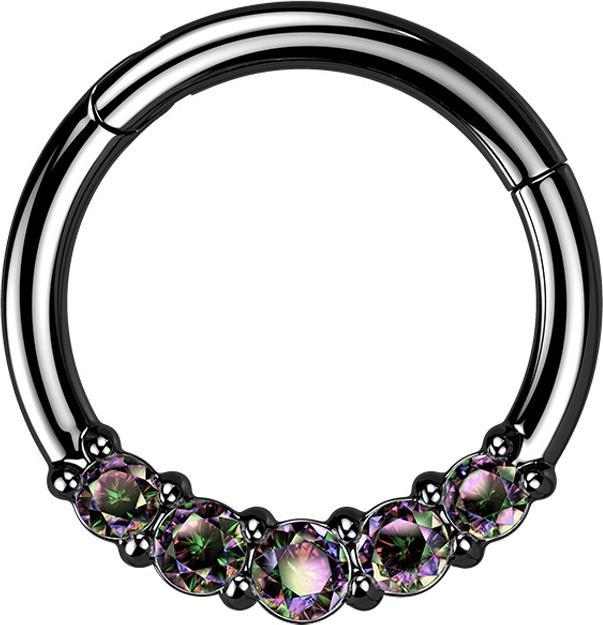 Actual product image Star Piercing Micro segment ring hinged black five crystals dark multicolour (without brass, Surgical steel 316L)