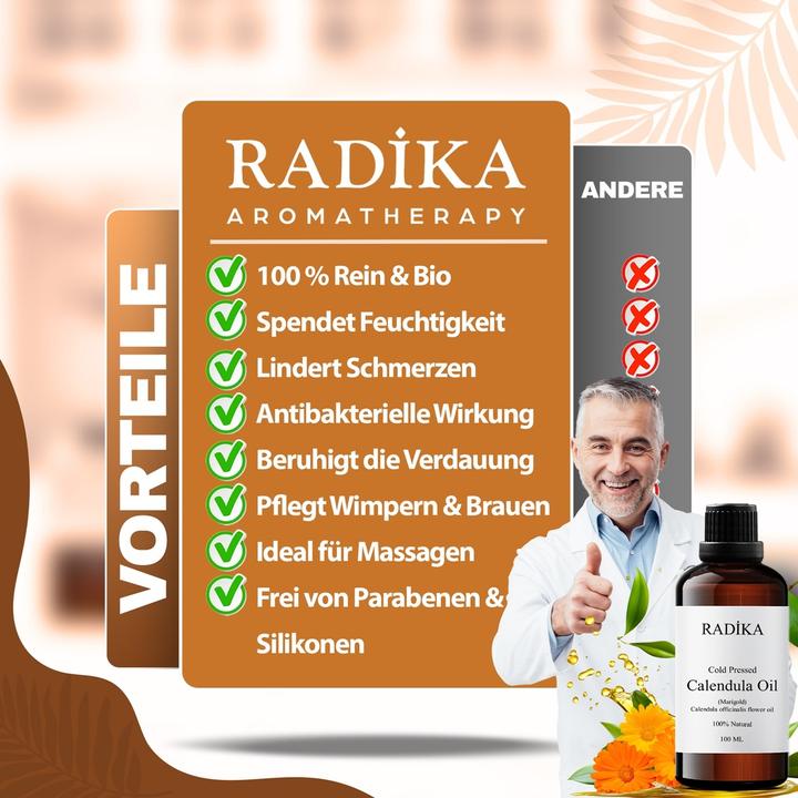 Actual product image Radika Calendula oil, cold-pressed, 100% pure, organic, natural, 30 ml (Body oil, 30 ml)