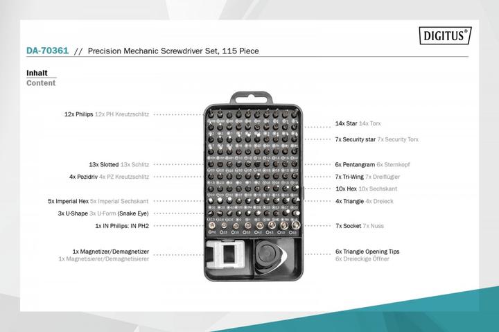 Produktbild Digitus Schraubendreher Set (Hex, 5-Kant (Pentagon), Pozidriv-Kreuzschlitz (PZ), Tri-Wing)