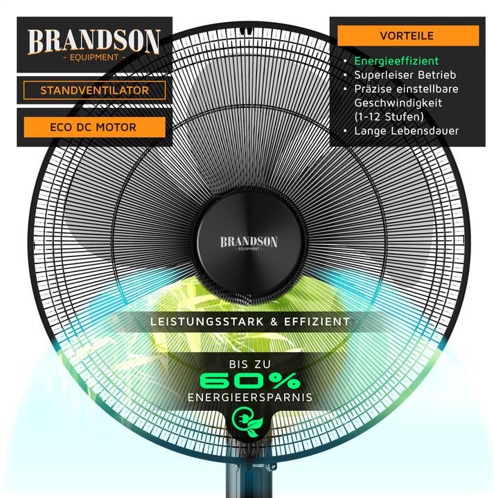 Produktbild Brandson Standventilator, Fernbedienung, DC, leise, energiesparend, Oszillation, Timer, 43 cm Ø, 12 Stufen (59 dB)