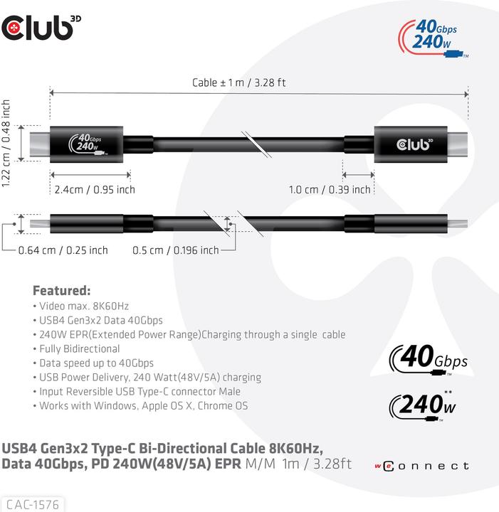 Produktbild Club 3D USB Typ C – USB Typ C (1 m, USB 4.0)