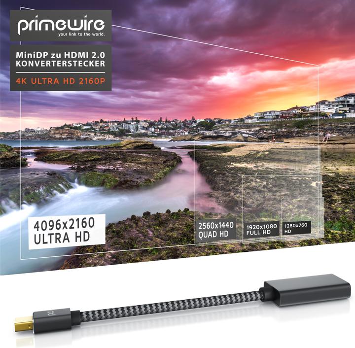 Actual product image Primewire 4K Mini Displayport to Hdmi 2.0 adapter, Mini DP cable, mDP adapter, 4K@60Hz, Thunderbolt (0.15 m, HDMI)