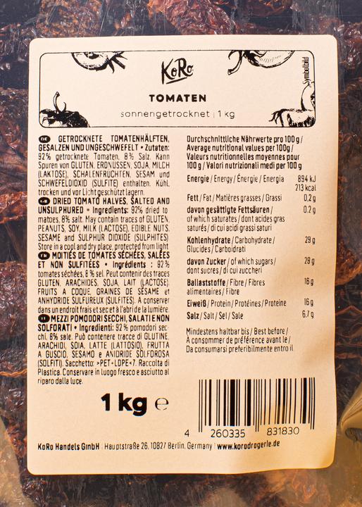 Nährwerte und Zutaten KoRo Getrocknete Tomatenhälften, gesalzen und ungeschwefelt (1000 g)