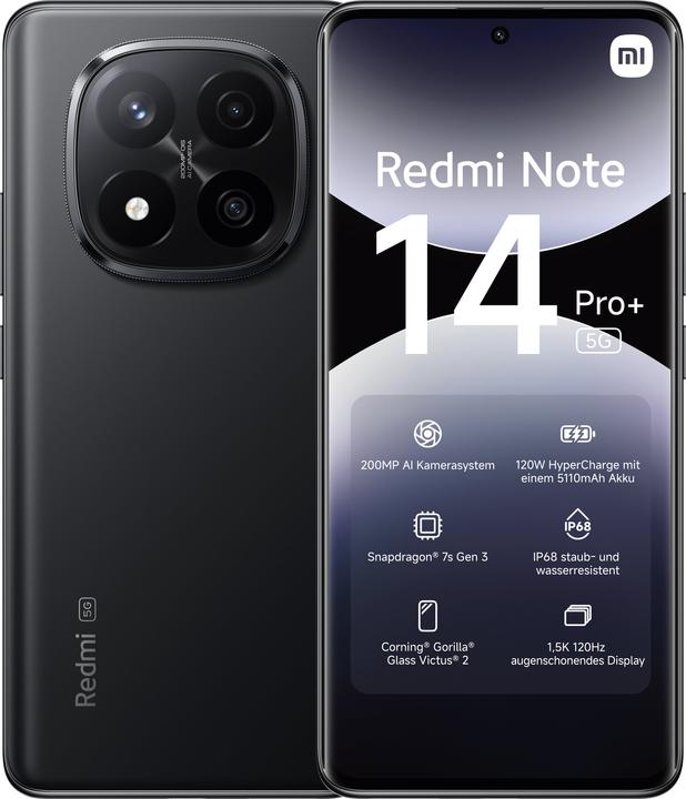 Produktbild Xiaomi Redmi Note 14 Pro+ 5G (256 GB, Midnight Black, 262.60", Dual SIM, 200 Mpx, 5G)