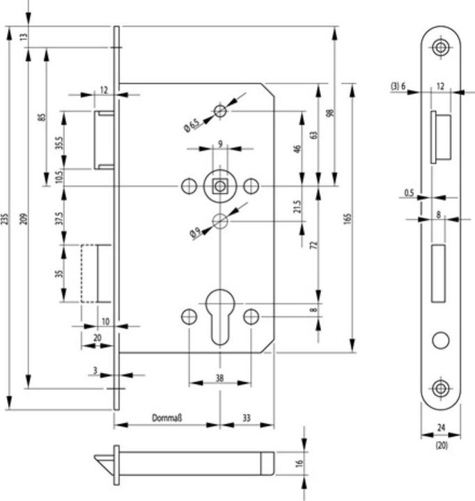 Produktbild BKS Panik-Einsteckschloss 1201 Panik-Funktion D abgerundet 24/65/72/9 mm DIN links verzinkt (Profilzylinder)