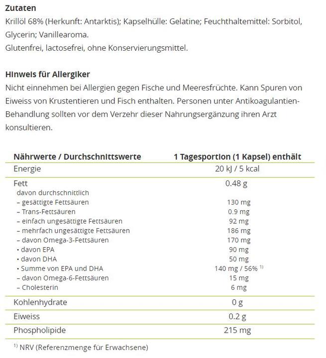 Nährwerte und Zutaten Alpinamed Krill Oil Kapseln (120 Stück, Kapseln, 140 g)