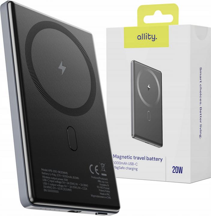 Allity wireless power bank APB-300 PD QC 20W 5000 mAh magnetic gray (5000 mAh, 20 W, 15 Wh)