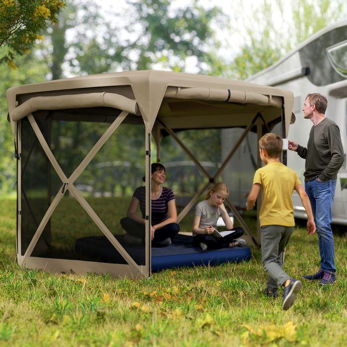 Produktbild Swisshandel24 Faltpavillon sechseckig ca. 3,5x3m mit abnehmbaren Dach Wasserdicht, Khaki (345 cm, 300 cm)