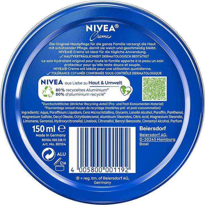 Nährwerte und Zutaten NIVEA Creme Dose (Körpercreme, 150 ml)