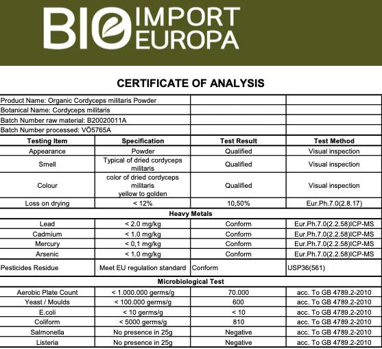 Nährwerte und Zutaten Zimmerli Adaptogene Cordyceps Pulver (BIO) (1 Stück, Pulver, 100 g)