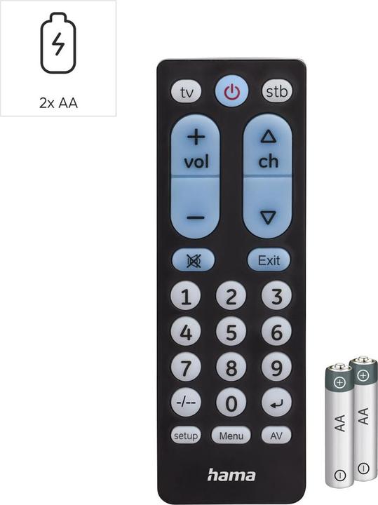 Immagine prodotto Hama Telecomando TV universale, a infrarossi, per 2 dispositivi, tasti grandi, insegnabile (Telecomando universale, Infrarossi)