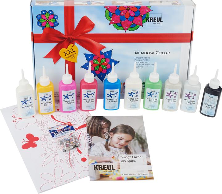 Actual product image Kreul Window Color XXL (Royal blue, Ruby Red, Snow-white, Fawn, Golden yellow, Pink, Glitter gold, Black, Mairün, Glitter Silver, 800 ml)