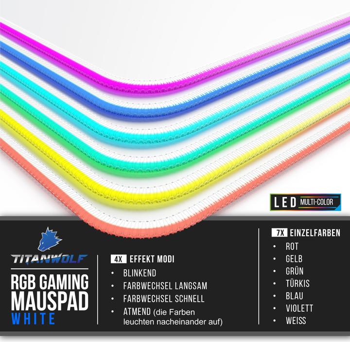 Actual product image Titanwolf RGB Gaming Mouse Pad, Mouse Mat XL 800 x 300mm improves precision & speed, white (XL)