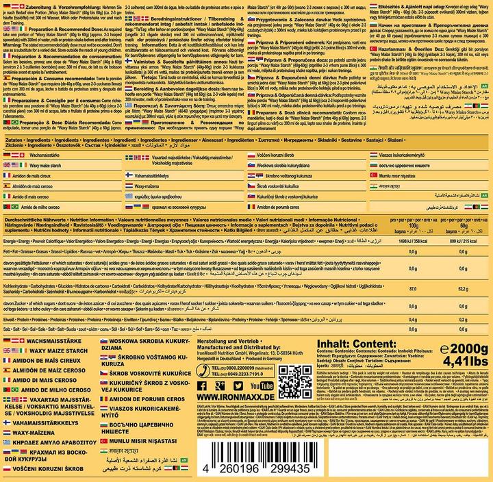 Nutritional values and ingredients IronMaxx Waxy Maize Starch (Neutral, 1 pcs., 2000 g)