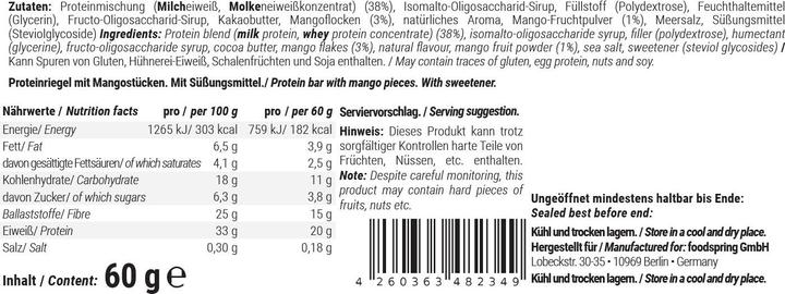 Nährwerte und Zutaten Foodspring Protein Bar (Mango Milkshake, 12 Stk., 720 g)