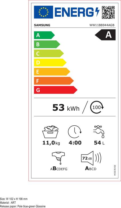 Energy Label Samsung WW11BB944AGBS2 black glass-look panel / black glass door (11 kg, Left)